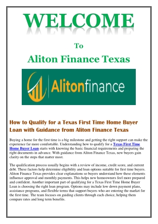 How to Qualify for a Texas First Time Home Buyer Loan with Guidance from Aliton Finance Texas