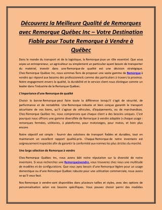 Découvrez la Meilleure Qualité de Remorques avec Remorque Québec Inc – Votre Des