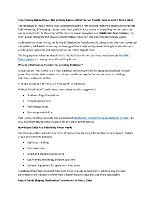 Transforming Urban Power: The Evolving Future of Distribution Transformers in In