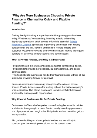“Why Are More Businesses Choosing Private Finance in Chennai for Quick and Flexible Funding