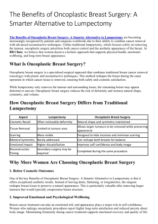 The Benefits of Oncoplastic Breast Surgery: A Smarter Alternative to Lumpectomy