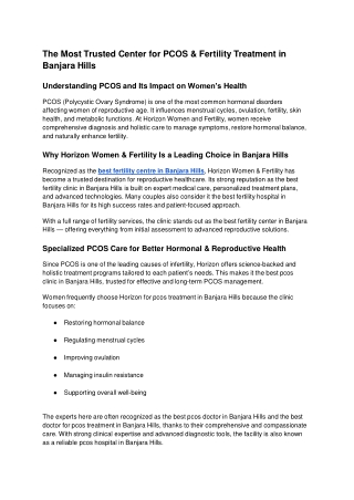 The Most Trusted Center for PCOS & Fertility Treatment in Banjara Hills