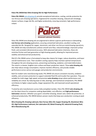 Palco PAL DRAW Best Wire Drawing Oils For High Performance