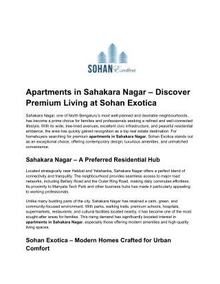 Apartments in Sahakara Nagar – Discover Premium Living at Sohan Exotica