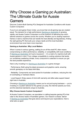 Why Choose a Gaming pc Australian: The Ultimate Guide for Aussie Gamers
