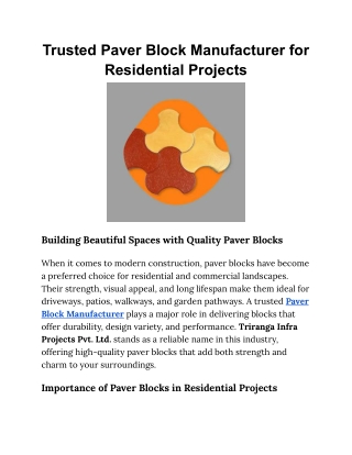 Trusted Paver Block Manufacturer for Residential Projects