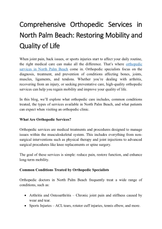 Comprehensive Orthopedic Services in North Palm Beach Restoring Mobility and Quality of Life