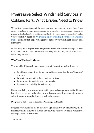 Progressive Select Windshield Services in Oakland Park What Drivers Need to Know