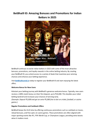 BetBhai9 ID Amazing Bonuses