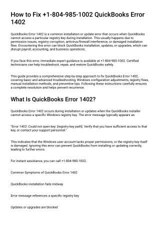 How to Fix  1-804-985-1002 QuickBooks Error 1402 