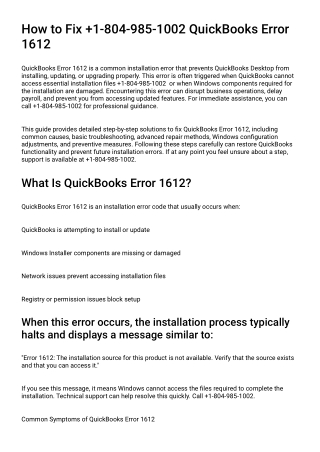 How to Fix  1-804-985-1002 QuickBooks Error 1612 
