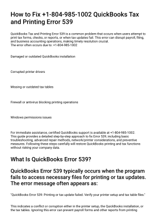 How to Fix  1-804-985-1002 QuickBooks Tax and Printing Error 539 