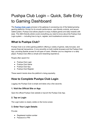 Pushpa Club Login – Quick, Safe Entry to Gaming Dashboard