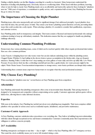 Eary Plumbing: The Affordable Plumber Near Me You Can Trust