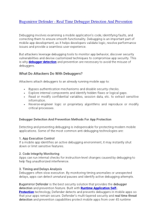 Bugsmirror Defender - Real Time Debugger Detection And Prevention