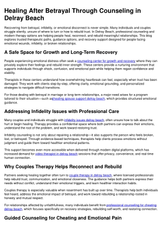 Healing After Betrayal Through Counseling in Delray Beach