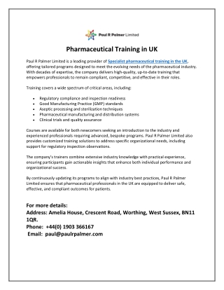 Pharmaceutical Training in UK