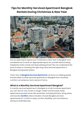 Tips for Monthly Serviced Apartment Bangkok Rentals During Christmas & New Year