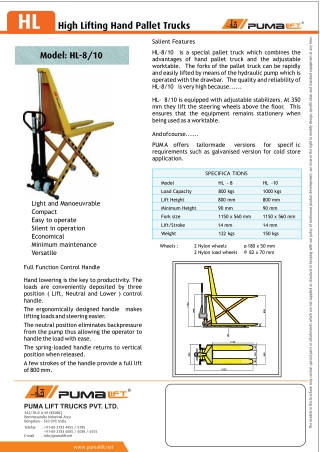 High Lift Hand Pallet Truck HL - 08/10 | Pumalift Trucks Pvt. Ltd