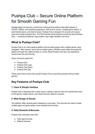 Pushpa Club – Secure Online Platform for Smooth Gaming Fun