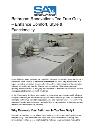 Bathroom Renovations Tea Tree Gully – Enhance Comfort, Style & Functionality