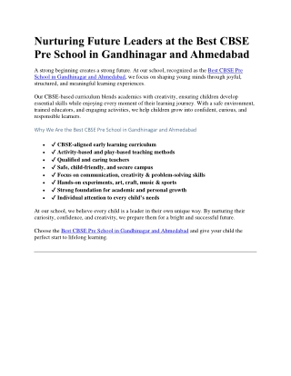 Nurturing Future Leaders at the Best CBSE Pre School in Gandhinagar and Ahmedabad