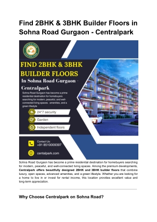 Find 2BHK & 3BHK Builder Floors in Sohna Road Gurgaon - Centralpark