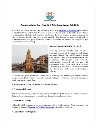 Premium Mumbai–Nashik & Trimbakeshwar Cab Ride
