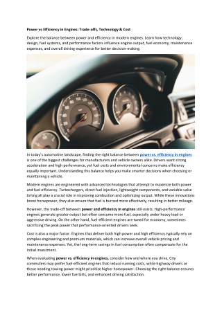 Power vs Efficiency in Engines Trade-offs - Technology & Cost