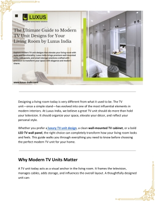 Modern TV Unit Designs for Living Rooms | Luxus India Guide