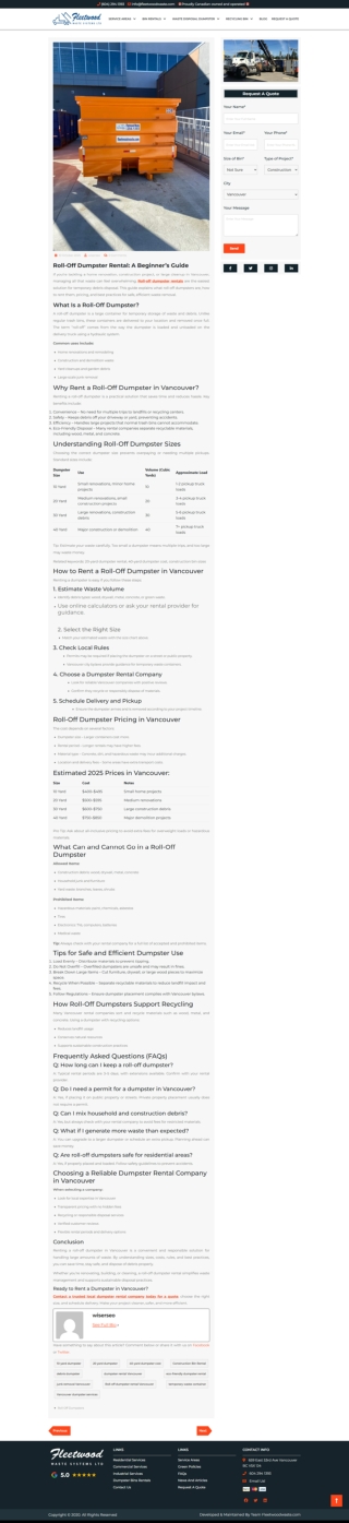 Roll-Off Dumpster Rental Vancouver | Sizes, Costs & Guide 2025