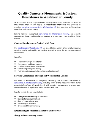 Quality Cemetery Monuments & Custom Headstones in Westchester County