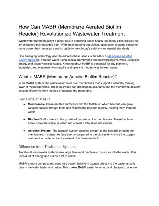How Can MABR (Membrane Aerated Biofilm Reactor) Revolutionize Wastewater Treatment