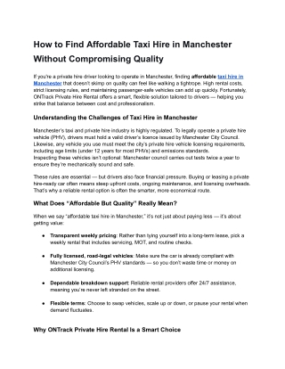 Affordable Taxi Hire in Manchester | Quality PHV Rentals