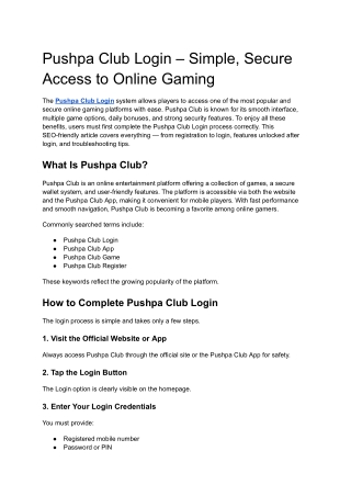 Pushpa Club Login – Simple, Secure Access to Online Gaming