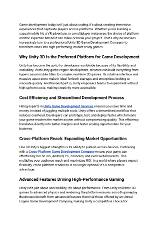 The Business Case for Hiring a Professional Unity 3D Game Development Company