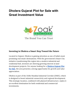Dholera Gujarat Plot for Sale with Great Investment Value