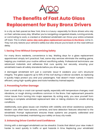 The Benefits of Fast Auto Glass Replacement for Busy Bronx Drivers