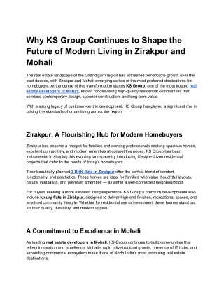 Why KS Group Continues to Shape the Future of Modern Living in Zirakpur and Mohali