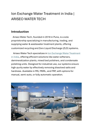 Ion Exchange Water Treatment in India-Ariseo Water Tech