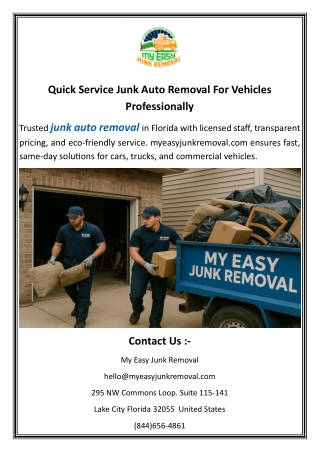 Quick Service Junk Auto Removal For Vehicles Professionally