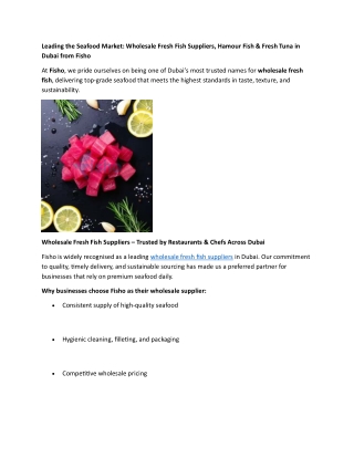 Leading the Seafood Market Wholesale Fresh Fish Suppliers, Hamour Fish & Fresh Tuna in Dubai from Fisho