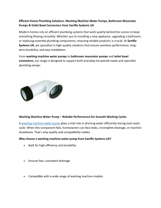 Efficient Home Plumbing Solutions  - Washing Machine Water Pumps, Bathroom Macerator Pumps & Toilet Bowl Connectors from