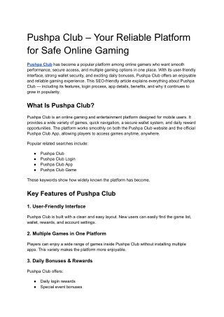 Pushpa Club – Your Reliable Platform for Safe Online Gaming