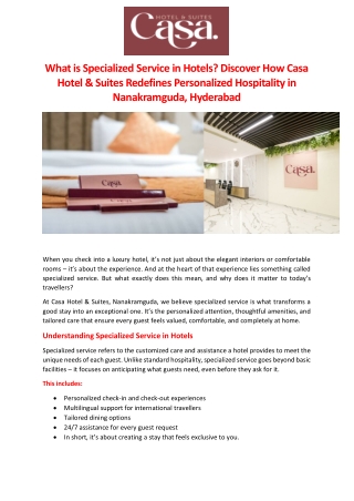 What is Specialized Service in Hotels Discover How Casa Hotel & Suites Redefines Personalized Hospitality in Nanakramgud