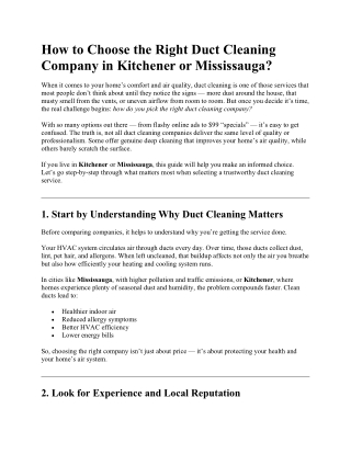 How to Choose the Right Duct Cleaning Company in Kitchener or Mississauga