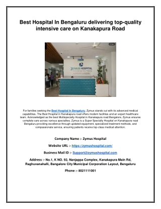 Best Hospital In Bengaluru delivering top-quality intensive care on Kanakapura Road