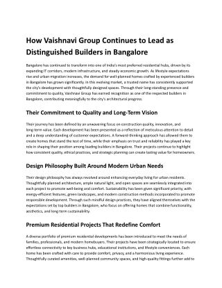 How Vaishnavi Group Continues to Lead as Distinguished Builders in Bangalore