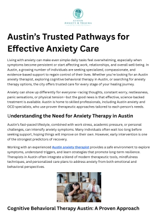 Austin’s Trusted Pathways for Effective Anxiety Care