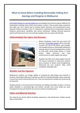 What to Know Before Installing Retractable Folding Arm Awnings and Pergolas in Melbourne